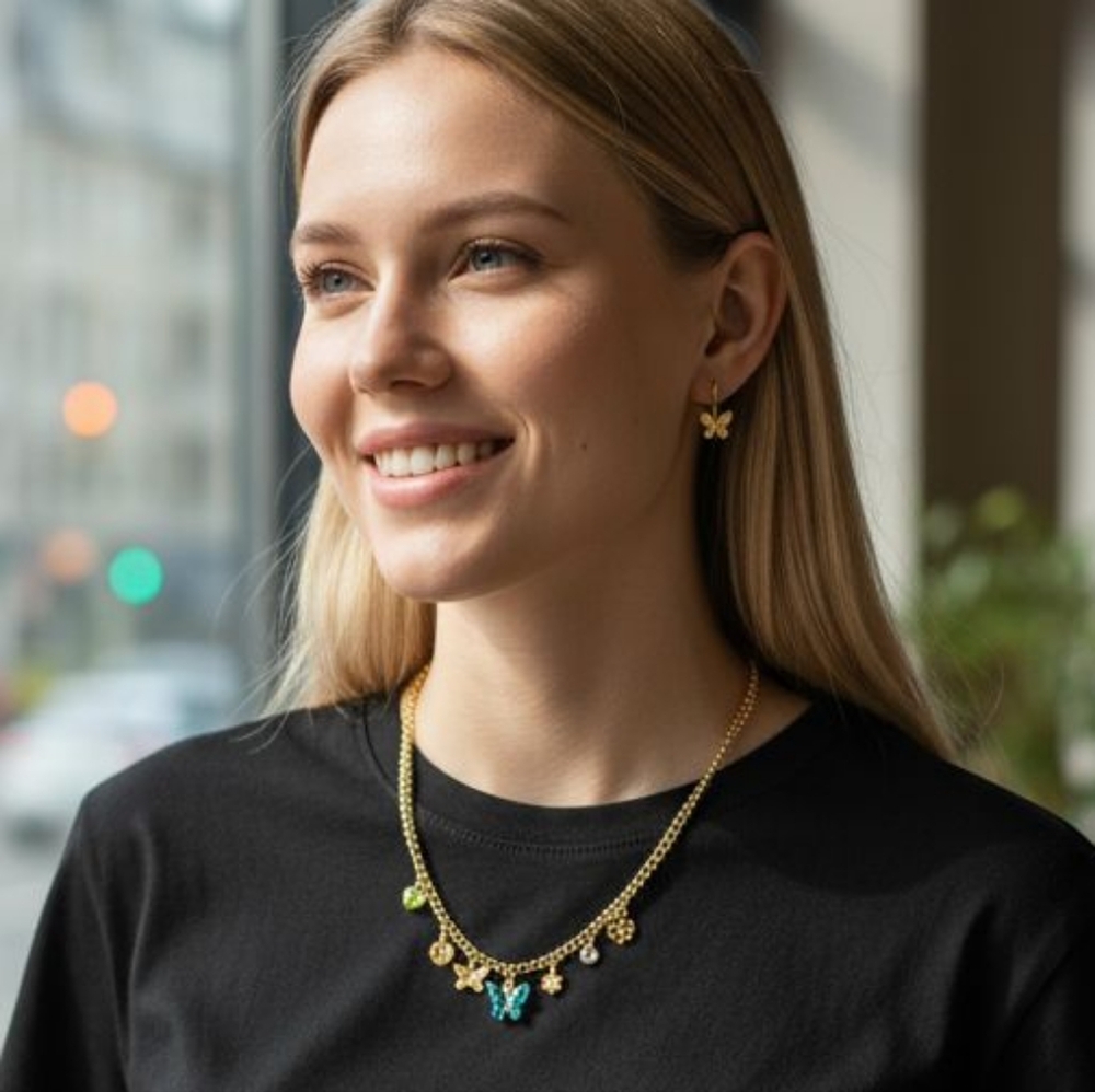 Gold Butterfly Charm Necklace Set w/ Earrings| Available In Several Colors - Picture 2 of 15